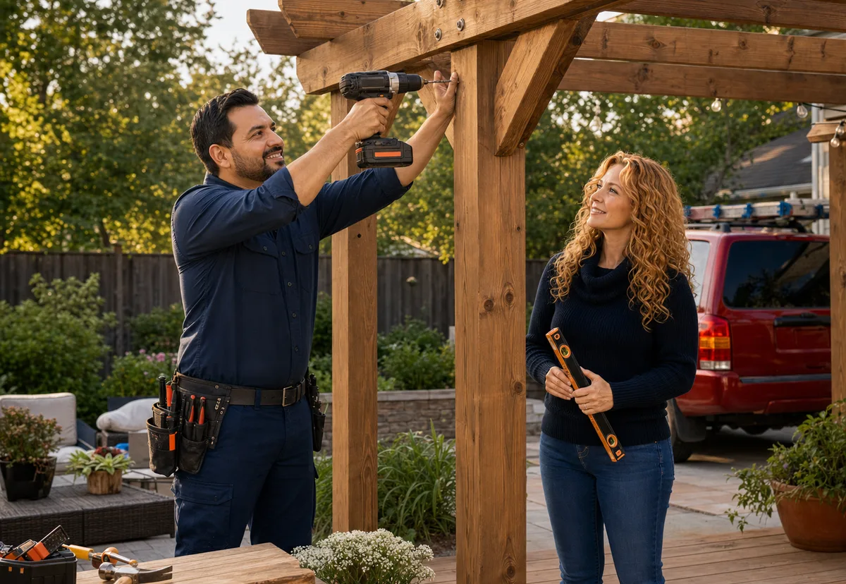 Quick Fix Handyman owners building a backyard pergola beside the red work truck