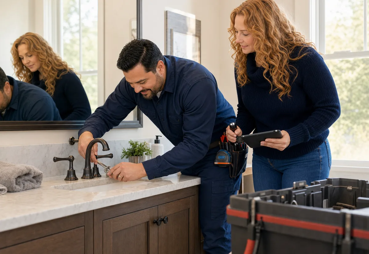 Quick Fix Handyman owners repairing a bathroom faucet with the red work truck outside