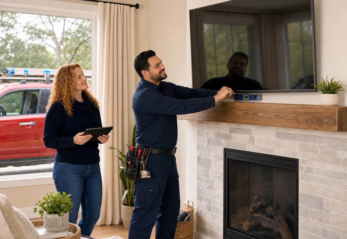 Quick Fix Handyman owners mounting a TV above a fireplace with the red work truck outside