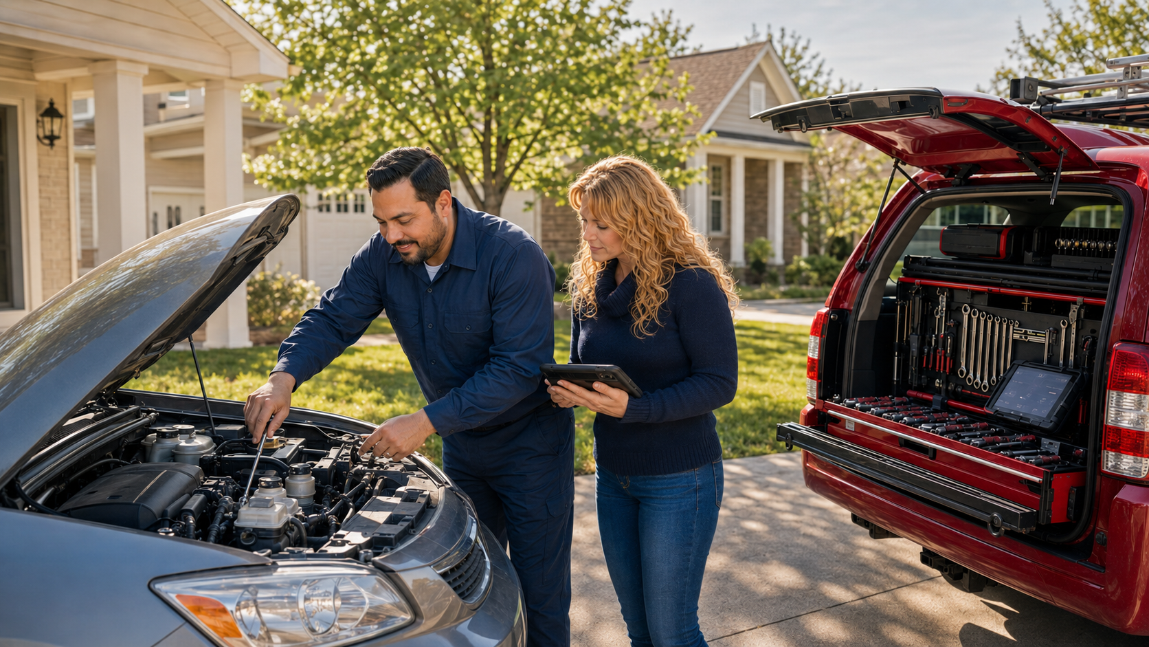 Home maintenance consultation at a home entrance