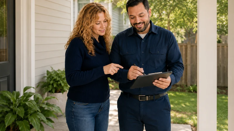 Homeowner consultation with a handyman at the home entrance