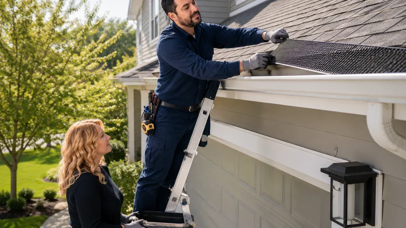 Handyman repairing a door handle while a woman stands beside him holding a tablet in a home entryway.