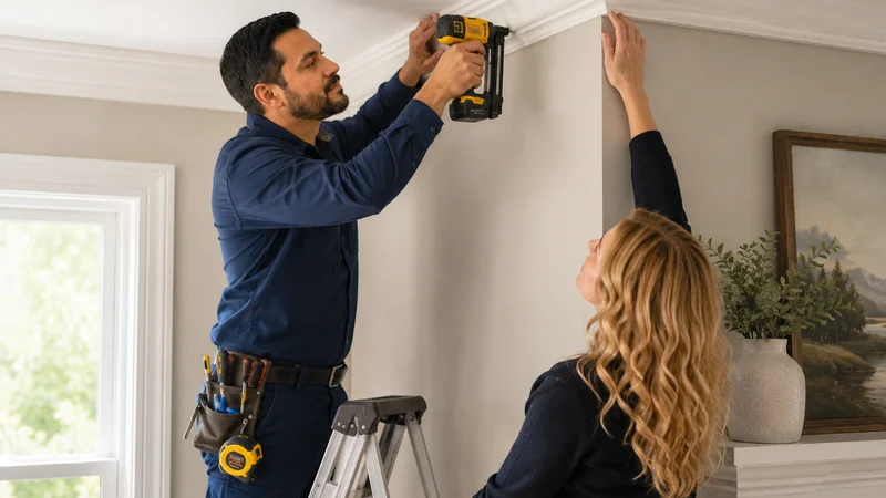 Handyman installing crown molding with a nail gun while a homeowner checks the placement in a living room