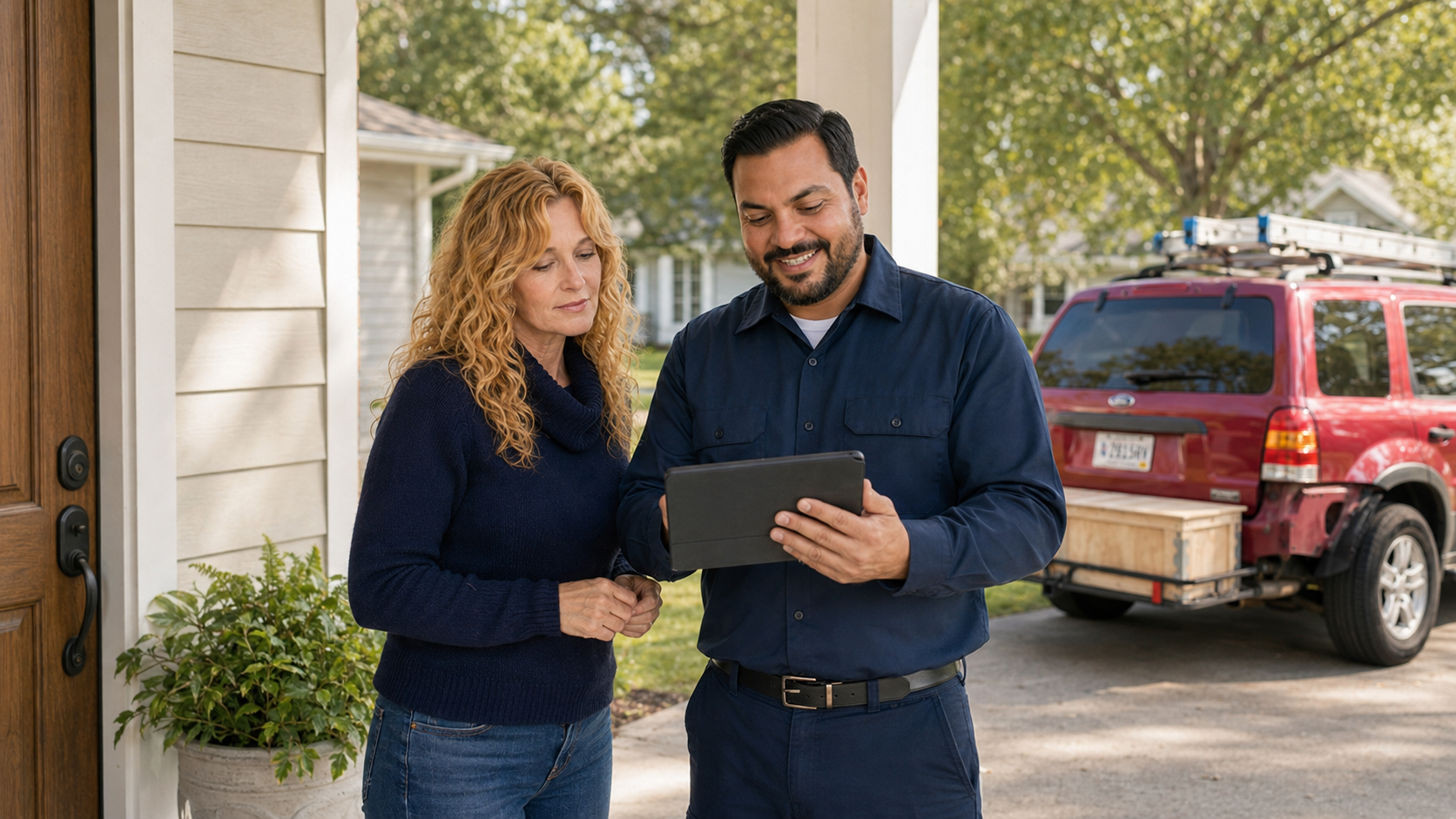 Local handyman team reviewing a project estimate on a front porch