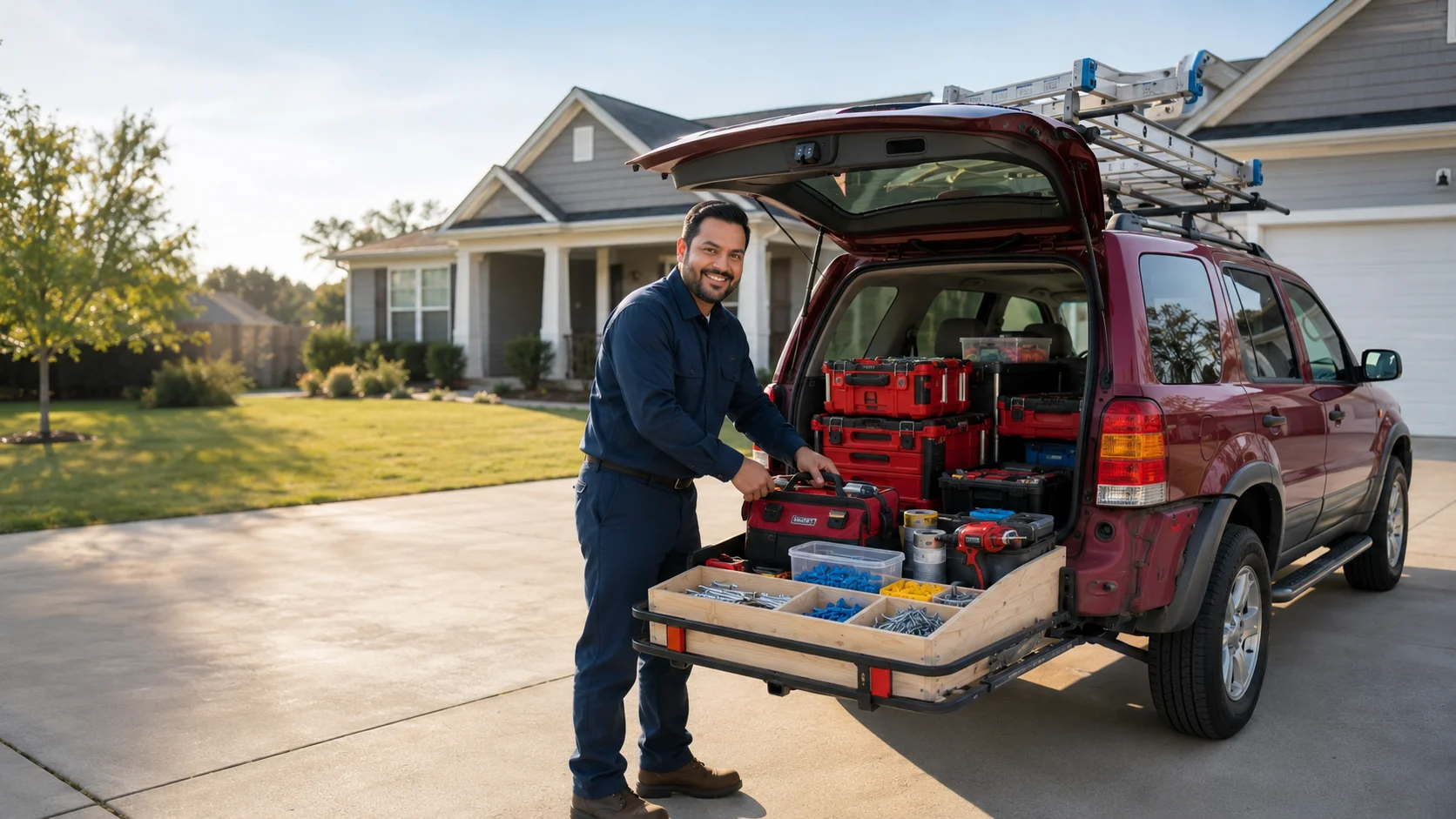 Handyman standing beside a red work truck with organized tools, ladder, hardware, and repair supplies ready for a home repair visit.